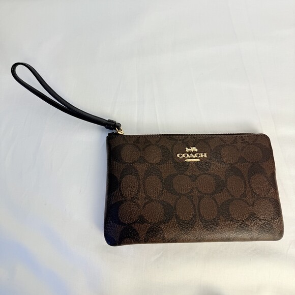 Coach Womens Brown Signature Print Zip Closure Wristlet Leather Clutch 7 Inch - Picture 1 of 15